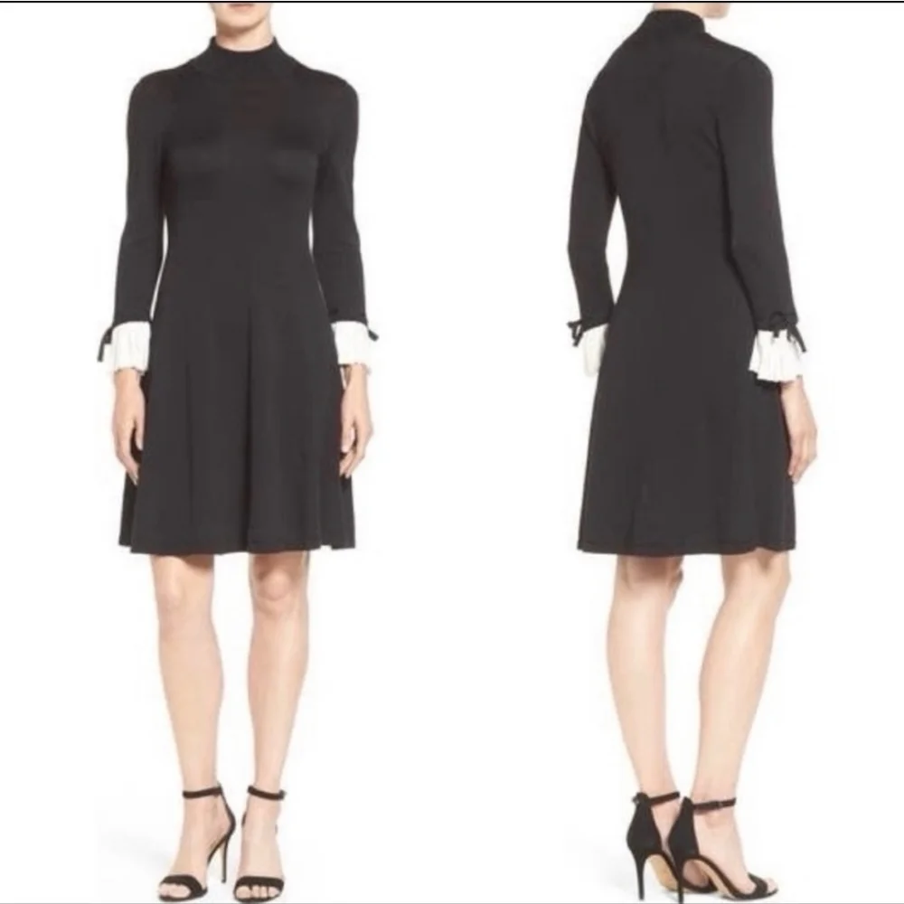 CeCe Womens XL Black Sweater Dress White Pleated Cuffs‎ Mockneck Preppy Casual